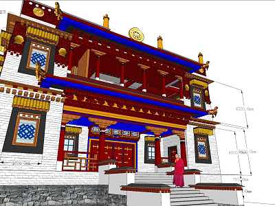Traditional Ancient Architecture Featuring Red Columns Yellow Decor White Walls And Ornate Windows 3d model