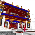 Traditional Ancient Architecture Featuring Red Columns Yellow Decor White Walls And Ornate Windows