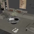 Modern Gray Sofa And Round Marble Coffee Table Set With Rug Floor Lamp Decorative Painting