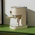 Modern Kitchen Appliance Beige Coffee Machine On Green Shelf With White Mugs And Plant Shadow