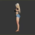 Woman Wearing Black Bikini Top Blue Denim Shorts Hat And High Heels Arms Outstretched