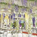 Luxurious Banquet Hall Interior With White Seats Table Settings Fresh Flowers And Chandeliers