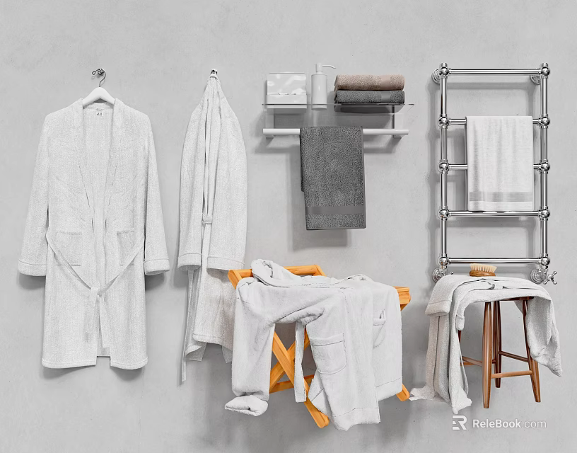 Soft White Cotton Bath Towels With Hanging Robe And Folded Towels On Bathroom Rack 3d model 