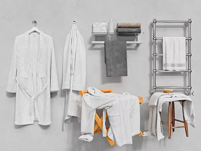 Soft White Cotton Bath Towels With Hanging Robe And Folded Towels On Bathroom Rack 3d model