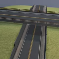 Urban Asphalt Road With Yellow Lines Under Bridge And Concrete Wall Along Green Grass