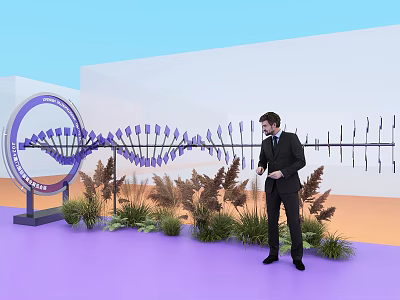 Art Installation With Curved Purple Leaf Shaped Elements And Man In Suit Near Green Plants 3d model