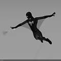 Black Superhero In Flying Pose With White Spider Symbol And Web Shooter