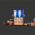 Colorful Fruit Vegetable Market Stall With Blue White Striped Awning Wooden Crate Pumpkin And Fences