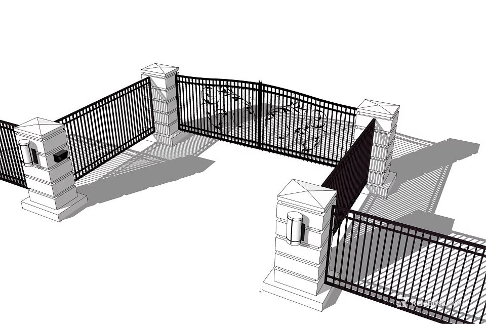 Classic Wrought Iron Entrance Gate With Stone Pillars And Side Lights Design 3d model 