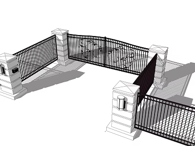 Classic Wrought Iron Entrance Gate With Stone Pillars And Side Lights Design 3d model