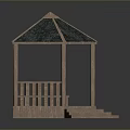 Wooden Garden Gazebo With Green Tile Roof And Wooden Railings Square Base