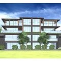 Modern Multi Story Townhouse Exterior With Large Glass Windows Balconies Palm Trees Greenery