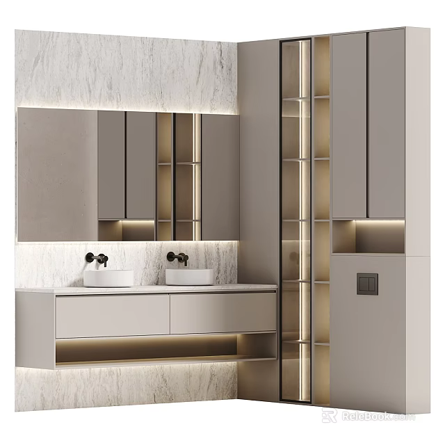 Modern Bathroom Vanity With Double Sinks Large Mirror And Marble Wall Design 3d model 