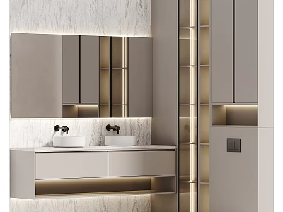 Modern Bathroom Vanity With Double Sinks Large Mirror And Marble Wall Design 3d model