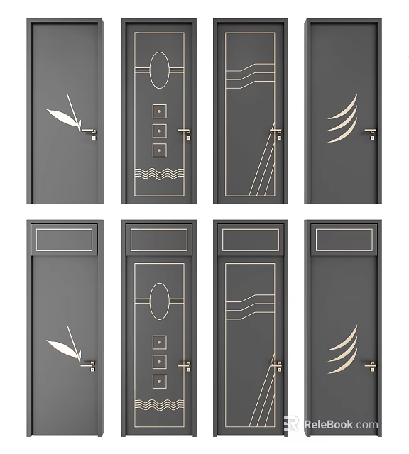 Stylish Modern Swing Doors With Various Decorative Patterns And Golden Handles 3d model