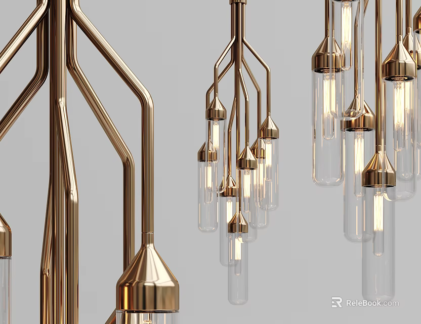 Elegant Modern Brass Chandelier With Multiple Arms And Cylindrical Glass Shades 3d model 