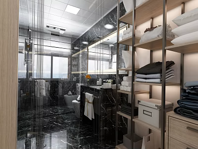 Modern Bathroom Interior Design With Marble Floor Glass Shower Vanity Storage Shelves And Stacked Towels 3d model