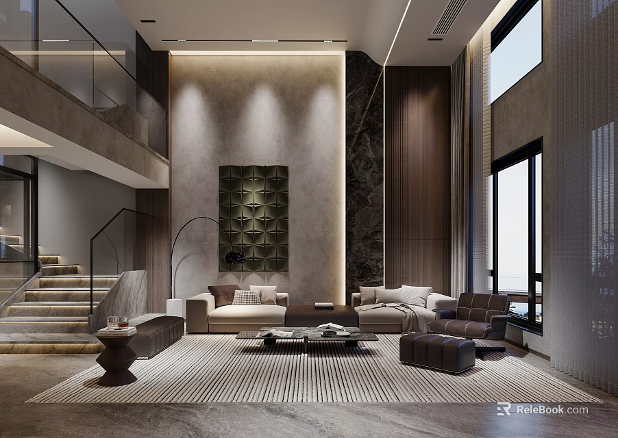 Modern Duplex Living Room Interior With Stairs Sofas And Stylish Decor 3d model 