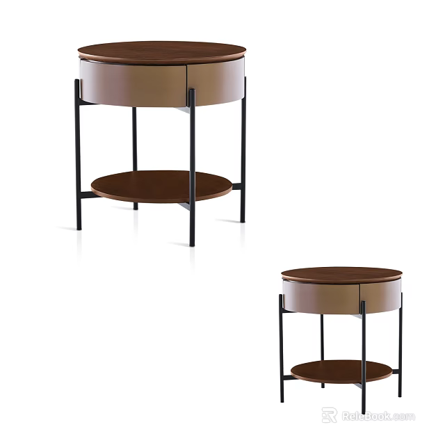 Modern Round Side Tables With Double Layer Light Brown Top And Black Metal Frame 3d model 