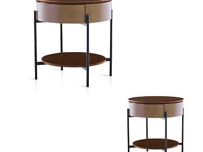 Modern Round Side Tables With Double Layer Light Brown Top And Black Metal Frame 3d model