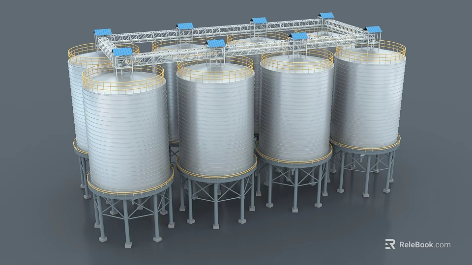 Multiple Large Industrial Storage Tanks With Metal Support Structures and Overhead Frames 3d model