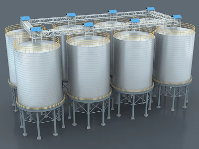Multiple Large Industrial Storage Tanks With Metal Support Structures and Overhead Frames 3d model