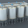 Multiple Large Industrial Storage Tanks With Metal Support Structures and Overhead Frames 3d model