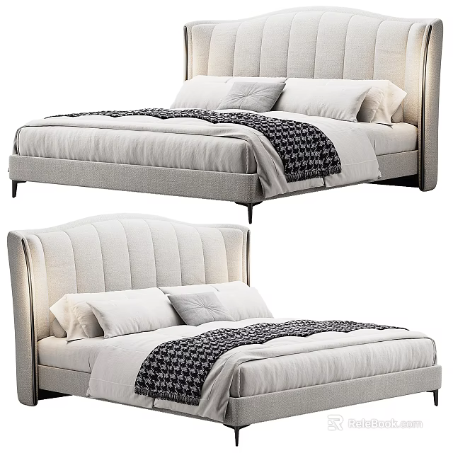 Modern Upholstered Double Bed With Linen Sheets Pillows And Patterned Blanket 3d model 