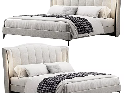 Modern Upholstered Double Bed With Linen Sheets Pillows And Patterned Blanket 3d model