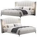 Modern Upholstered Double Bed With Linen Sheets Pillows And Patterned Blanket