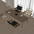 Simple Wooden Dining Table Set With Black Beige Folding Chairs Coffee Cups And Lamp