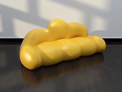 Yellow Cloud Shaped Public Chair On Dark Wooden Floor With Light Wall Shadows 3d model