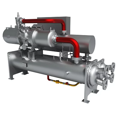 Industrial Machinery Unit With Silver Metal Structure And Red Pipeline Connections 3d model
