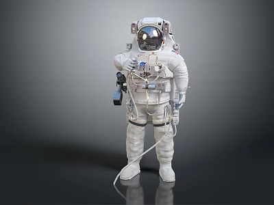 A Man Wearing White Spacesuit With Helmet And Oxygen Equipment Standing Against Gray Background 3d model