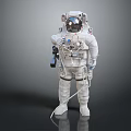 A Man Wearing White Spacesuit With Helmet And Oxygen Equipment Standing Against Gray Background