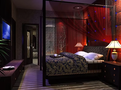 Elegant Hotel Room Interior With Four Poster Bed Patterned Bedspread And Red Curtains 3d model