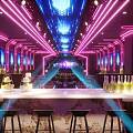 Vibrant KTV Interior With Purple Blue Neon Lights And Comfortable Seating Tables
