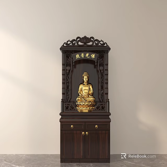 Dark Wooden Buddhist Shrine Cabinet With Carved Top And Golden Buddha Statue 3d model 