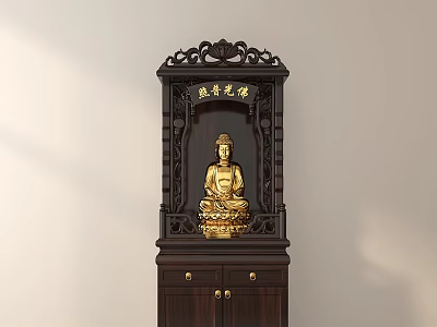 Dark Wooden Buddhist Shrine Cabinet With Carved Top And Golden Buddha Statue 3d model