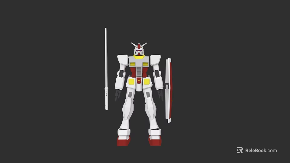 White Robot Game Movie Character With Red Feet Yellow Gray Details Sword And Shield 3d model 