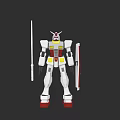 White Robot Game Movie Character With Red Feet Yellow Gray Details Sword And Shield