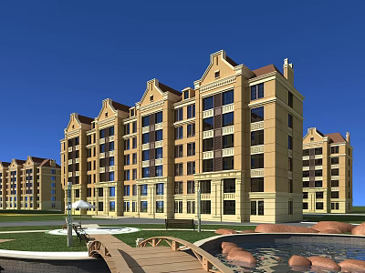 Multistory Residential Building With Yellow Exterior Red Roof Green Lawn Pond Wooden Bridge And Decorative Stones 3d model