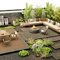 Courtyard Garden Design With Outdoor Seating Fire Pit Wooden Deck And Lush Plants