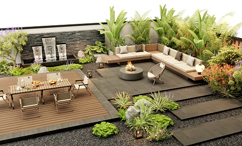 Villa Courtyard Garden Waterscape Wall Courtyard Card Seat Sofa Outdoor Table and Chair Flowers and Plants Plant Pile Plant Landscape 3d model