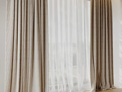 Beige and White Layered Curtains Linen like Soft Light Modern Cozy Home Decor 3d model