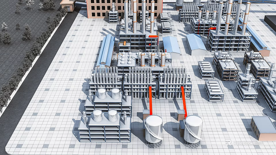 Industrial Factory Complex With Piping Systems Storage Tanks Equipment And Structural Frameworks 3d model