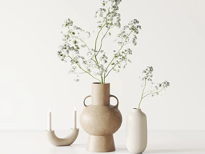 Minimalist Ceramic Vases With Fresh White Flowers And Candle Holder On White Background 3d model