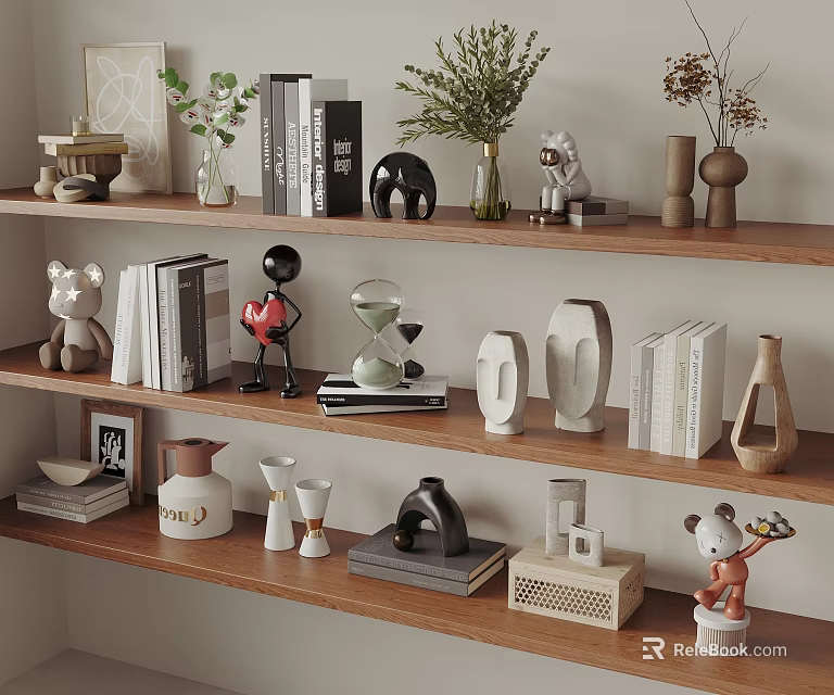 Decorative Ornament Set Displayed On Shelves Featuring Vases Sculptures Figurines Books And Plants 3d model 
