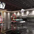 Modern Clothing Store With Red Arched Carts Black Floor Large Windows And Clothing On Racks