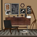 Stylish Wooden Console Table Sideboard With Decorative Ornaments Accent Chair Wall Art And Rug
